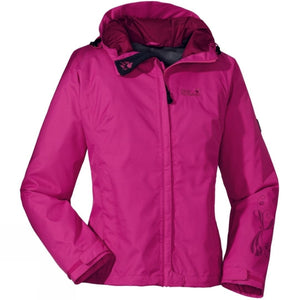 Jack Wolfskin Women's Mapiya Texapore Rain Jackets in Dark Pink with Embroidered Paw Logo and Jack Wolfskin Logo as well as floral designs on left sleeve.  Adjustable Hook and Loop Closures can be seen on the wrists and mesh interior lining.  Adjustable waist and zipper storm flap. | ScoutTech Outfitters