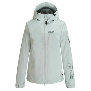 Jack Wolfskin Women's Mapiya Texapore Rain Jackets in White with Embroidered Jack Wolfskin Logo as well as floral designs on left sleeve.  Adjustable Hook and Loop Closures can be seen on the wrists and mesh interior lining.  Adjustable waist and zipper storm flap. | ScoutTech Outfitters