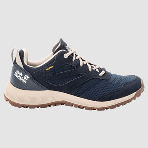 Jack Wolfskin Womens Woodland Texapore Low Waterproof Hiking Shoes in Blue with White Accents Side View | ScoutTech