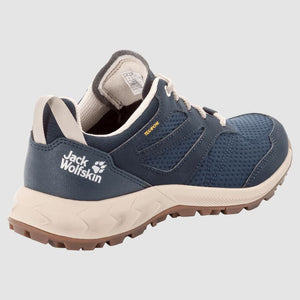 Jack Wolfskin Womens Woodland Texapore Low Waterproof Hiking Shoes in Blue with White Accents Heel View | ScoutTech