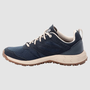 Jack Wolfskin Womens Woodland Texapore Low Waterproof Hiking Shoes in Blue with White Accents Instep View | ScoutTech Outfitters