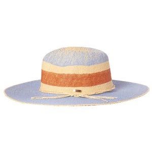 Kooringal Women's Carmela Wide Brim Woven Paper Straw Sun Hat in Blue with Tan and Red Stripes with View Showing Decorative Knotted Straw | ScoutTech Outfitters