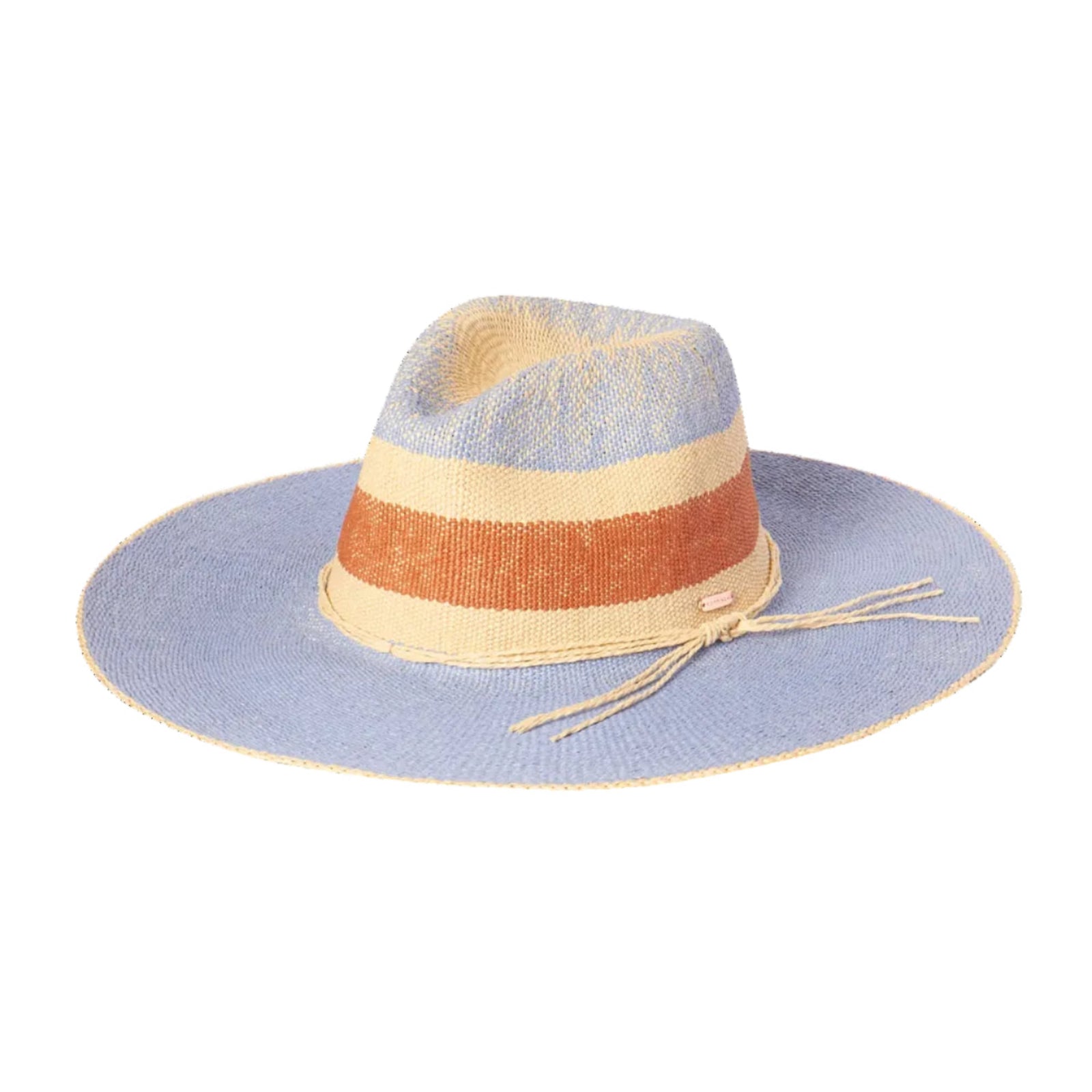 Kooringal Women's Carmela Wide Brim Woven Paper Straw Sun Hat in Blue with Tan and Red Stripes with View Showing Brand Badge and Decorative Knotted Straw | ScoutTech Outfitters