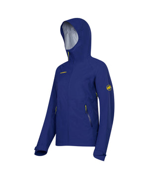 Mammut Women's Ebba Rain Jackets in Blue with Yellow Logos and Zippered Pockets | ScoutTech Outfitters