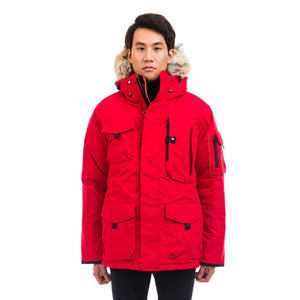 Outdoor Survival Canada OSC Men's Kanti -40 Down Parka in Red Alert Front Close Up on Model | ScoutTech Outfitters