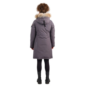 OS1081 Outdoor Survival Canada OSC Women's Nisto -40°C/F Down Parka in Charcoal Grey Back Side on a Model | ScoutTech Outfitters Mississauga Store