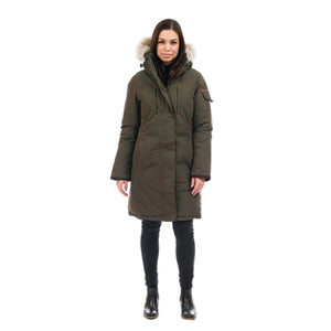 OS1081 Outdoor Survival Canada OSC Women's Nisto -40°C/F Down Parka in Alpine Moss Front View on a Model | ScoutTech Outfitters Mississauga Store