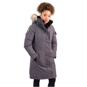 OS1081 Outdoor Survival Canada OSC Women's Nisto -40°C/F Down Parka in Charcoal Grey on a Model | ScoutTech Outfitters Mississauga Store