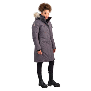 OS1081 Outdoor Survival Canada OSC Women's Nisto -40°C/F Down Parka in Charcoal Grey Right Shoulder Showing Brand Patch on a Model | ScoutTech Outfitters Mississauga Store