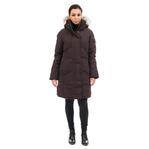 OS1081 Outdoor Survival Canada OSC Women's Nisto -40°C/F Down Parka in Chestnut Brown on a Model | ScoutTech Outfitters Mississauga Store