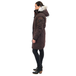 OS1081 Outdoor Survival Canada OSC Women's Nisto -40°C/F Down Parka in Chestnut Brown Left Side View on a Model | ScoutTech Outfitters Mississauga Store