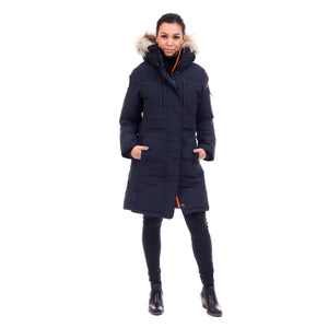 OS1081 Outdoor Survival Canada OSC Women's Nisto -40°C/F Down Parka in Cold Lake Blue Front on a Model | ScoutTech Outfitters Mississauga Store