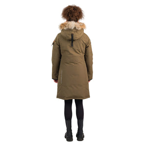 OS1081 Outdoor Survival Canada OSC Women's Nisto -40°C/F Down Parka in Military Green Rear View on a Model | ScoutTech Outfitters Mississauga Store