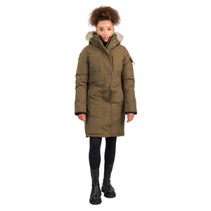 OS1081 Outdoor Survival Canada OSC Women's Nisto -40°C/F Down Parka in Military Green Front View on a Model | ScoutTech Outfitters Mississauga Store