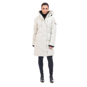 OS1081 Outdoor Survival Canada OSC Women's Nisto -40°C/F Down Parka in Opal White on a Model | ScoutTech Outfitters Mississauga Store