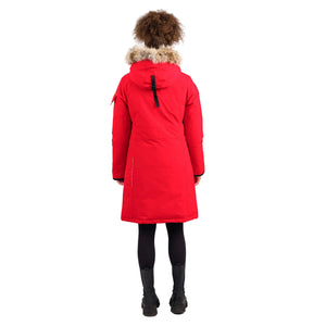 OS1081 Outdoor Survival Canada OSC Women's Nisto -40°C/F Down Parka in Red Alert Back Side on a Model | ScoutTech Outfitters Mississauga Store