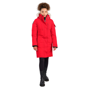 OS1081 Outdoor Survival Canada OSC Women's Nisto -40°C/F Down Parka in Red Alert Front Side on a Model | ScoutTech Outfitters Mississauga Store