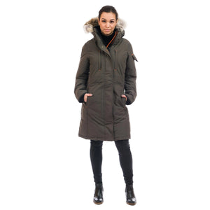 OS1081 Outdoor Survival Canada OSC Women's Nisto -40°C/F Down Parka in Steel Grey Front on a Model in a Casual Pose Using the Handwarmer Pockets | ScoutTech Outfitters Mississauga Store