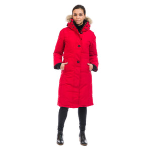 OS1101 Outdoor Survival Canada OSC Women's Nuaja Down Parka in Red Alert Casual Front Pose -40°C/F | ScoutTech Outfitters Mississauga Store