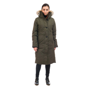 OS1101 Outdoor Survival Canada OSC Women's Nuaja Down Parka in Alpine Moss Front View -40°C/F | ScoutTech Outfitters Mississauga Store