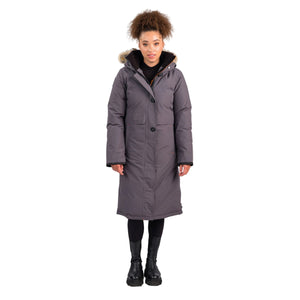 OS1101 Outdoor Survival Canada OSC Women's Nuaja Down Parka in Charcoal Grey Front Pose -40°C/F | ScoutTech Outfitters Mississauga Store