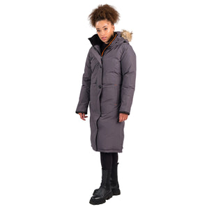 OS1101 Outdoor Survival Canada OSC Women's Nuaja Down Parka in Charcoal Grey Left Front Pose -40°C/F | ScoutTech Outfitters Mississauga Store