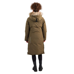 OS1101 Outdoor Survival Canada OSC Women's Nuaja Down Parka in Military Green Back View  -40°C/F Showing Model's Full Outfit | ScoutTech Outfitters Mississauga Store