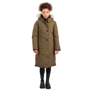 OS1101 Outdoor Survival Canada OSC Women's Nuaja Down Parka in Military Green Front -40°C/F Showing Model's Full Outfit | ScoutTech Outfitters Mississauga Store