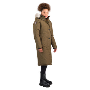OS1101 Outdoor Survival Canada OSC Women's Nuaja Down Parka in Military Green Right Shoulder -40°C/F Showing Model's Full Outfit | ScoutTech Outfitters Mississauga Store