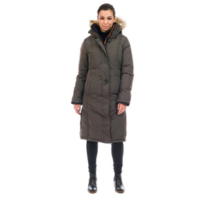 OS1101 Outdoor Survival Canada OSC Women's Nuaja Down Parka in Steel Grey Front Pose -40°C/F | ScoutTech Outfitters Mississauga Store