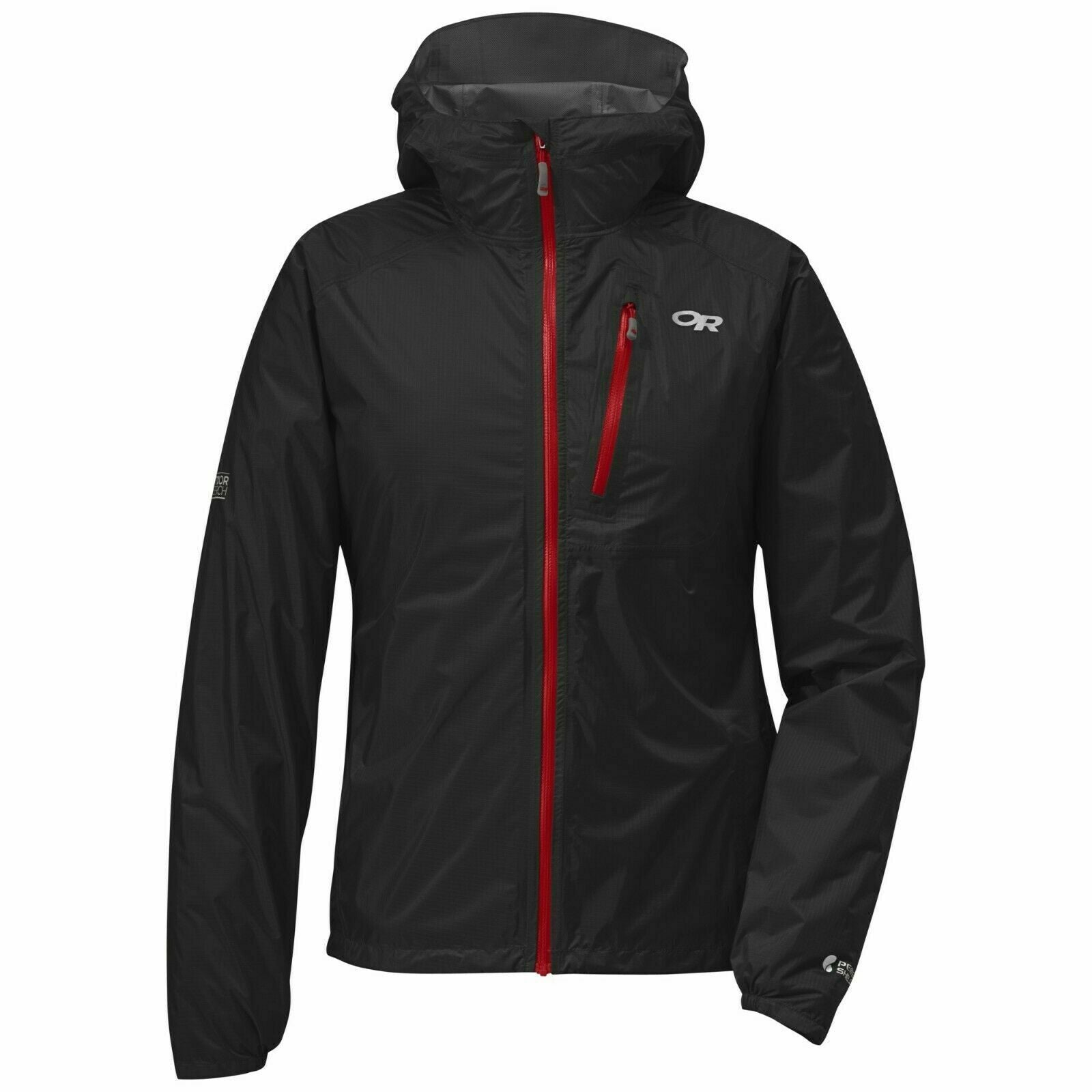 Outdoor Research Womens Helium II Rain Jackets in Black with Red Zips | ScoutTech Mississauga Store