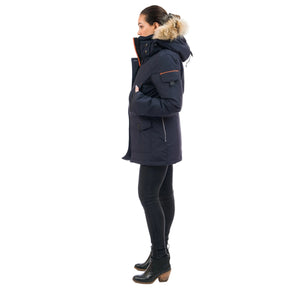 Outdoor Survival Canada OSC Kasa UC Women's -20C Urban Coyote Down Parka Model Wearing Cold Lake Blue Left Side View | ScoutTech Outfitters
