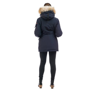 Outdoor Survival Canada OSC Kasa UC Women's -20C Urban Coyote Down Parka Model Wearing Cold Lake Blue Back View | ScoutTech Mississauga 
