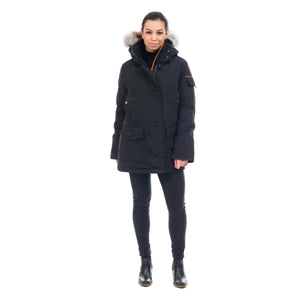 Outdoor Survival Canada OSC Kasa UC Women's -20C Urban Coyote Down Parka Model Wearing Orca Black Front Full Pose | ScoutTech Outfitters Mississauga Store