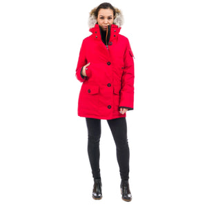 Outdoor Survival Canada OSC Kasa UC Women's -20C Urban Coyote Down Parka Model Wearing Red Alert Front Pose | ScoutTech Mississauga 
