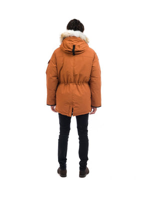 Outdoor Survival Canada OSC Men's Atka -40 Down Parka in Copper Creek Orange Left Side View on Model  - ScoutTech Outfitters