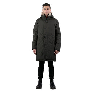 Outdoor Survival Canada OSC Men's Nevluk -20C Urban Shearling Down Parka in Alpine Moss Front Buttoned View | ScoutTech Outfitters