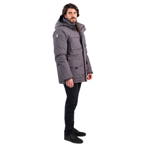 Outdoor Survival Canada OSC Men's Akiak -40 Fur Free Down Parka in Charcoal Gray Right Shoulder View with OSC Brand Patch | ScoutTech Outfitters Mississauga Store