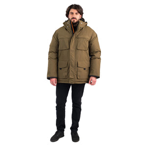 Outdoor Survival Canada OSC Men's Akiak -40 Fur Free Down Parka in Military Green on a Model Front Angle | ScoutTech Outfitters Mississauga Store