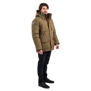Outdoor Survival Canada OSC Men's Akiak -40 Fur Free Down Parka in Military Green Right Shoulder View with OSC Badge | ScoutTech Outfitters Mississauga Store