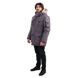 Outdoor Survival Canada OSC Men's Atka -40 Down Parka in Charcoal Grey on Model with Left Side View | ScoutTech Outfitters Mississauga