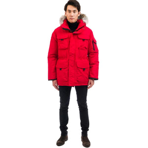 Outdoor Survival Canada OSC Men's Atka -40 Down Parka in Red Alert on Model with Front View - ScoutTech Mississauga