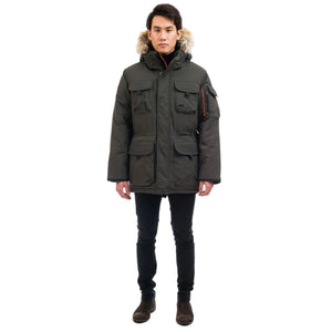 Outdoor Survival Canada OSC Men's Atka -40 Down Parka in Steel Grey on Model with Front View | ScoutTech Mississauga Store