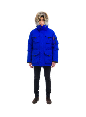 Outdoor Survival Canada OSC Men's Atka -40 Down Parka in Arctic Blue on Model with Front Hooded View | ScoutTech Outfitters Mississauga Store