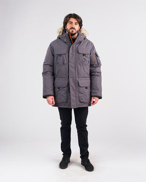 Outdoor Survival Canada OSC Men's Atka -40 Down Parka in Charcoal Grey on Model with Front View | ScoutTech Outfitters