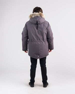 Outdoor Survival Canada OSC Men's Atka -40 Down Parka in Charcoal Grey on Model with Rear View | ScoutTech Mississauga Store