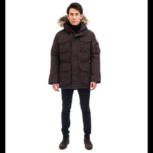 Outdoor Survival Canada OSC Men's Atka -40 Down Parka in Chestnut Brown on Model with Front View | ScoutTech Outfitters Mississauga 
