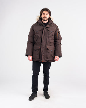 Outdoor Survival Canada OSC Men's Atka -40 Down Parka in Chestnut on Model with Front View | ScoutTech