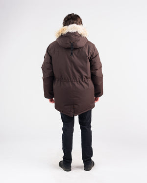Outdoor Survival Canada OSC Men's Atka -40 Down Parka in Chestnut on Model with Rear View | ScoutTech Mississauga