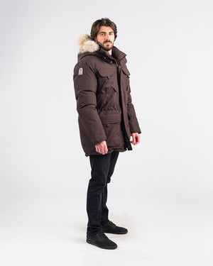 Outdoor Survival Canada OSC Men's Atka -40 Down Parka in Chestnut on Model with Right Side View | ScoutTech Outfitters
